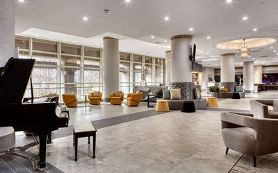 Lobby and coworking lounge at DoubleTree By Hilton Tulsa - Warren Place.