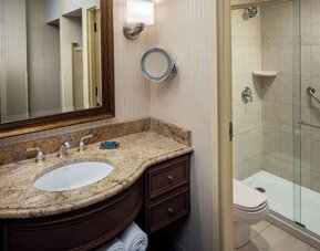 Guest bathroom with shower at Hilton Chicago-Northbrook.