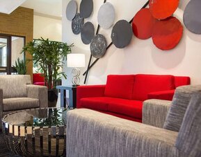 Lobby and coworking lounge at Hilton Chicago-Northbrook.