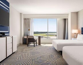 Day use double room with work desk at Hilton BNA Nashville Airport Terminal.
