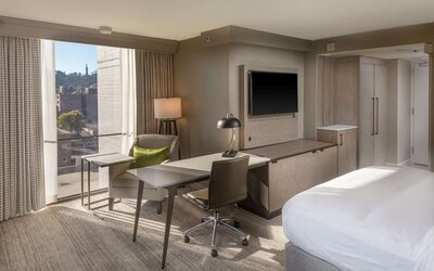 Working station by the window in a day use room at Hilton Birmingham At UAB.