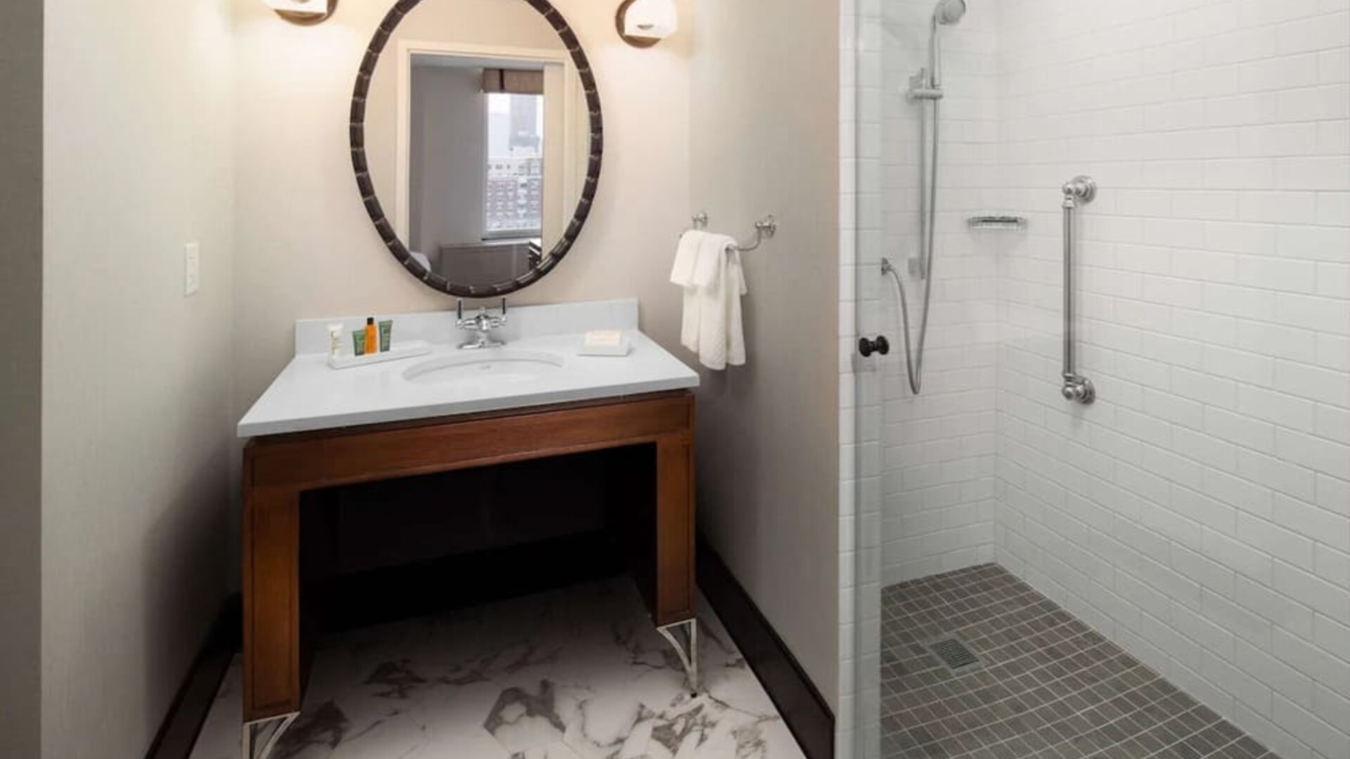 Private guest bathroom at Hilton Brooklyn New York.