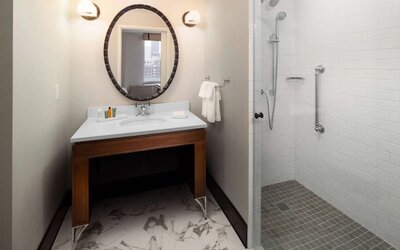 Private guest bathroom at Hilton Brooklyn New York.