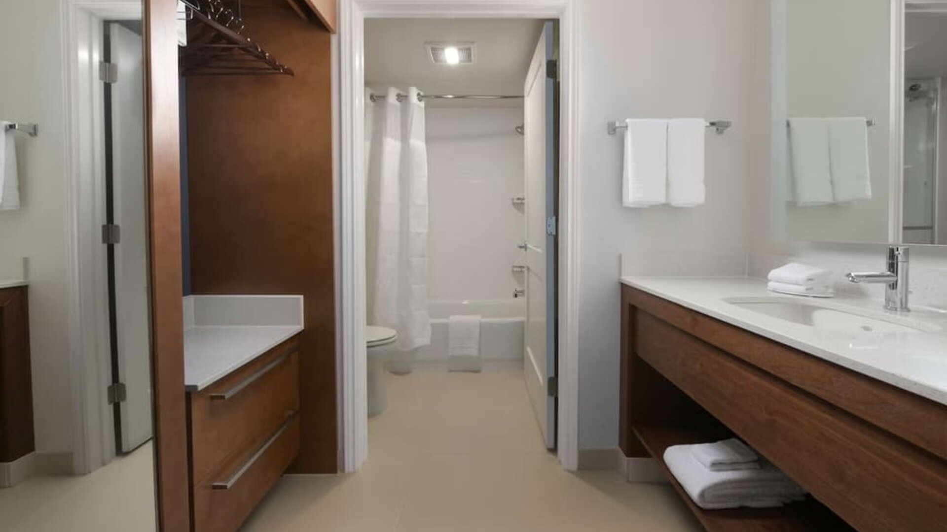 Private guest bathroom with shower at Sonesta ES Suites Fort Worth Fossil Creek.