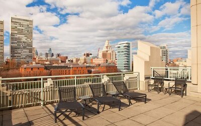 Seats in the rooftop of the Hilton Philadelphia At Penn's Landing.