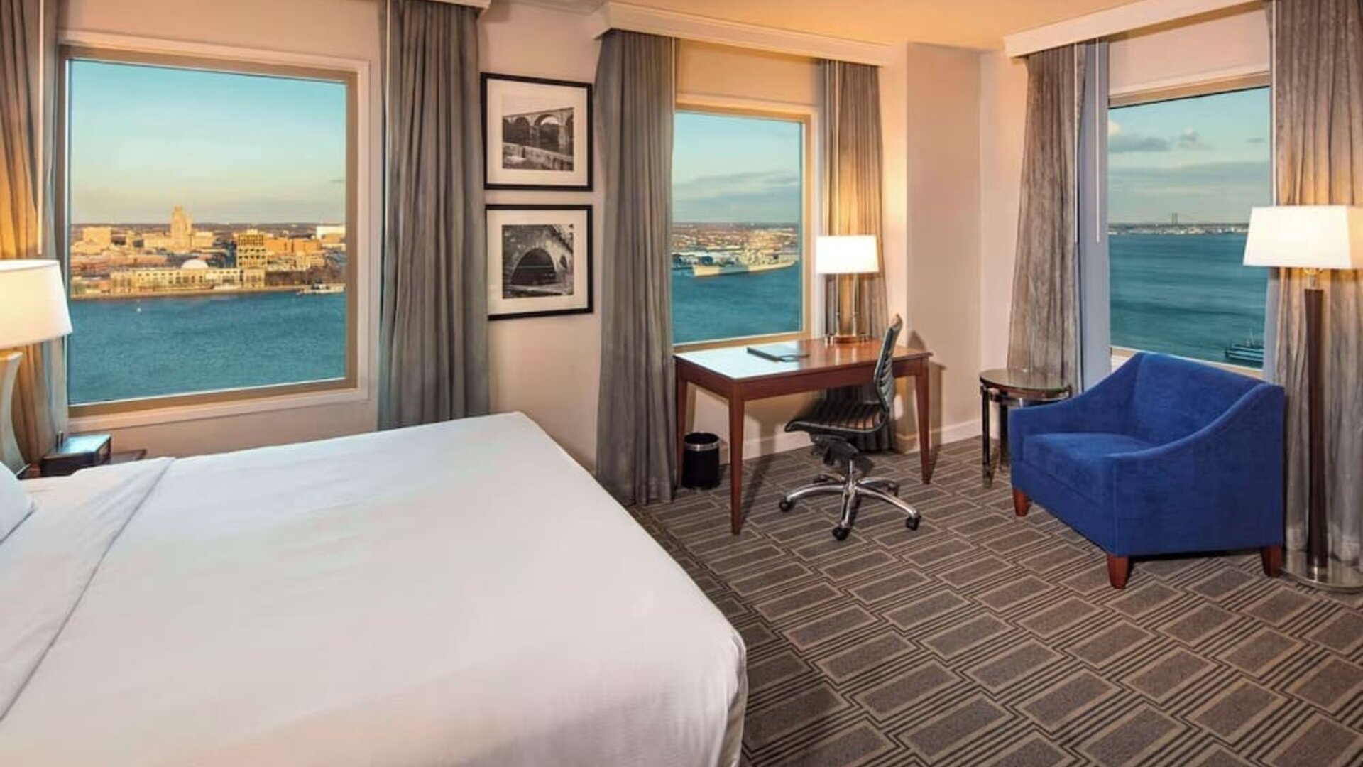 Working station by the window in a day use room at Hilton Philadelphia At Penn's Landing.