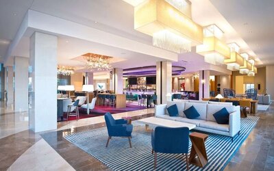 Lobby and coworking lounge at Hilton Orlando.