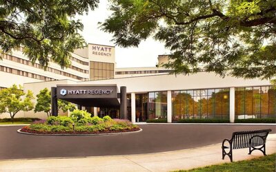 Hotel entrance at Hyatt Regency New Brunswick.