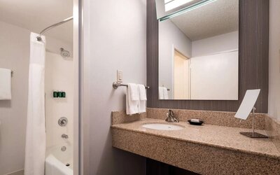 Private guest bathroom with shower and free toiletries at Sonesta Select Los Angeles LAX El Segundo.
