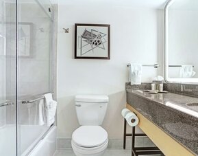 Guest bathroom with shower at Hilton Crystal City At Washington Reagan National Airport.