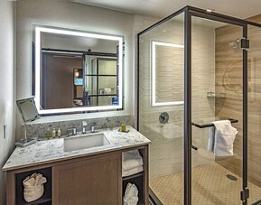 Guest bathroom with shower at DoubleTree By Hilton Modesto.