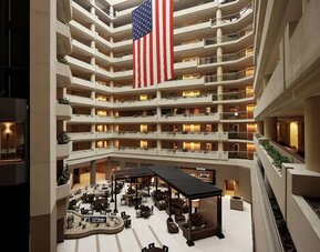 Aerial view of the lobby and coworking lounge at Embassy Suites By Hilton Crystal City-National Airport.