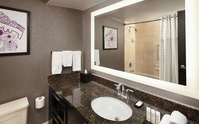 Guest bathroom with shower and tub at Embassy Suites By Hilton Crystal City-National Airport.