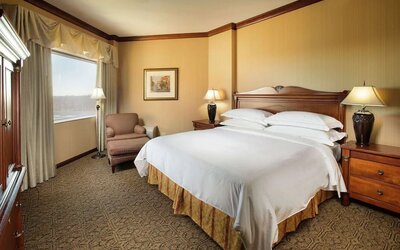Bright and comfortable hotel room with king size bed and window at DoubleTree By Hilton Lisle-Naperville.