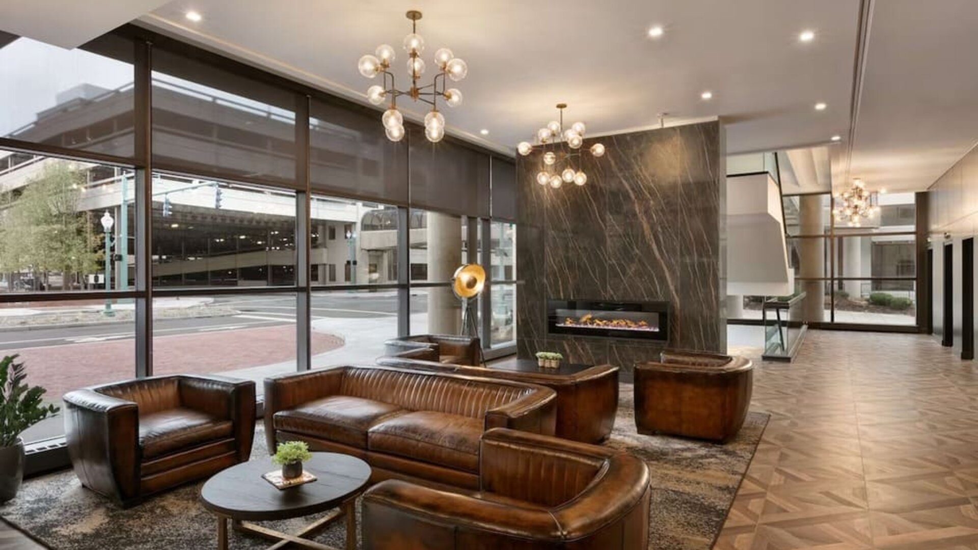 Lobby and coworking lounge at DoubleTree By Hilton Canton Downtown.