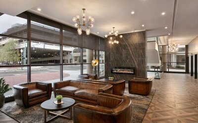 Lobby and coworking lounge at DoubleTree By Hilton Canton Downtown.