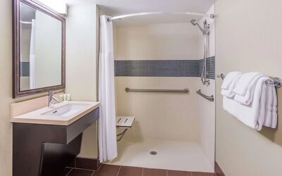 Private guest bathroom with shower at Sonesta ES Suites Austin The Domain Area.