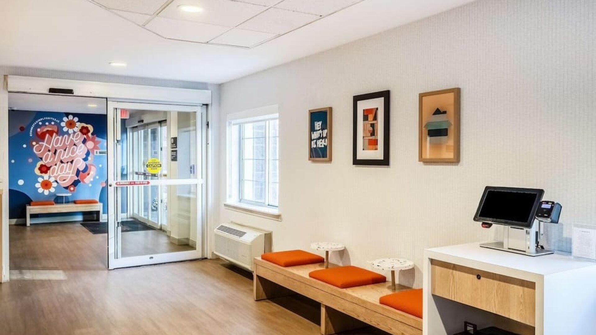 Lobby workspace at Sonesta Simply Suites Jersey City.