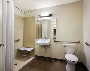 Accessible private guest bathroom with shower at Sonesta Simply Suites St Louis Earth City.