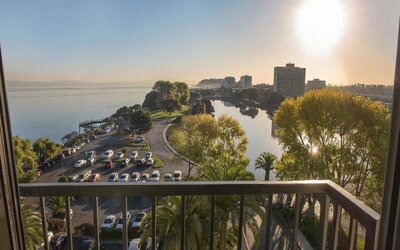 Balcony view at Embassy Suites By Hilton San Francisco Airport Waterfront.