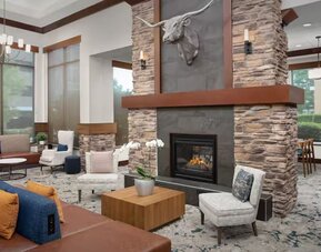 Lobby and coworking lounge at Hilton Garden Inn Fort Worth Medical Center.