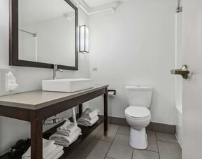 Private guest bathroom with shower and free toiletries at Country Inn & Suites By Radisson, Chicago O'Hare South.