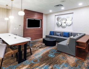 Lobby and coworking lounge at DoubleTree By Hilton Tulsa-Downtown.

