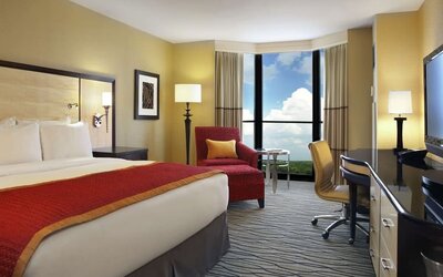 Beautiful king suite with TV, work desk and a lovely view at Hilton Rosemont/Chicago O'Hare.
