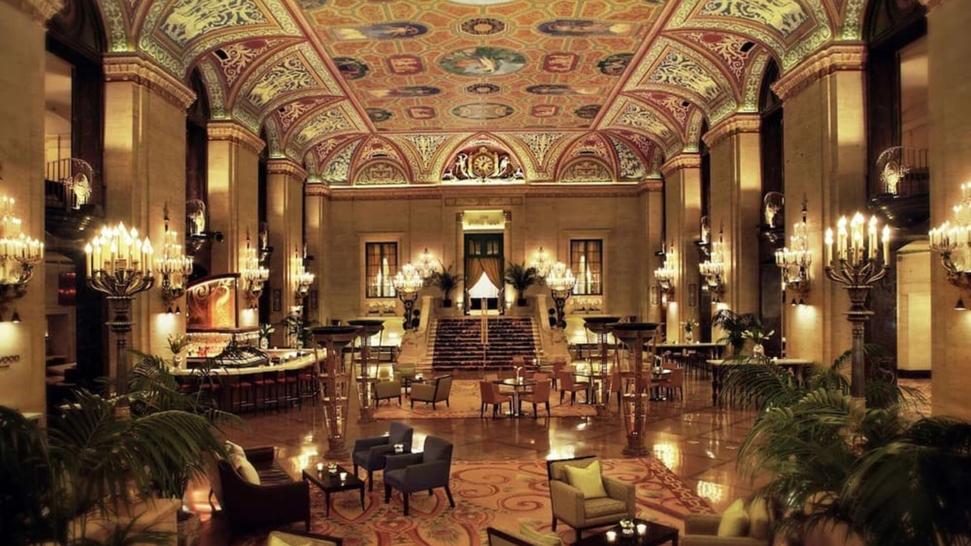 Romantic lobby and coworking lounge at Palmer House A Hilton Hotel.