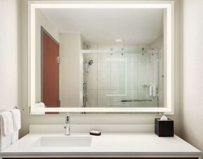 Guest bathroom with shower at Embassy Suites By Hilton Hampton Convention Center.