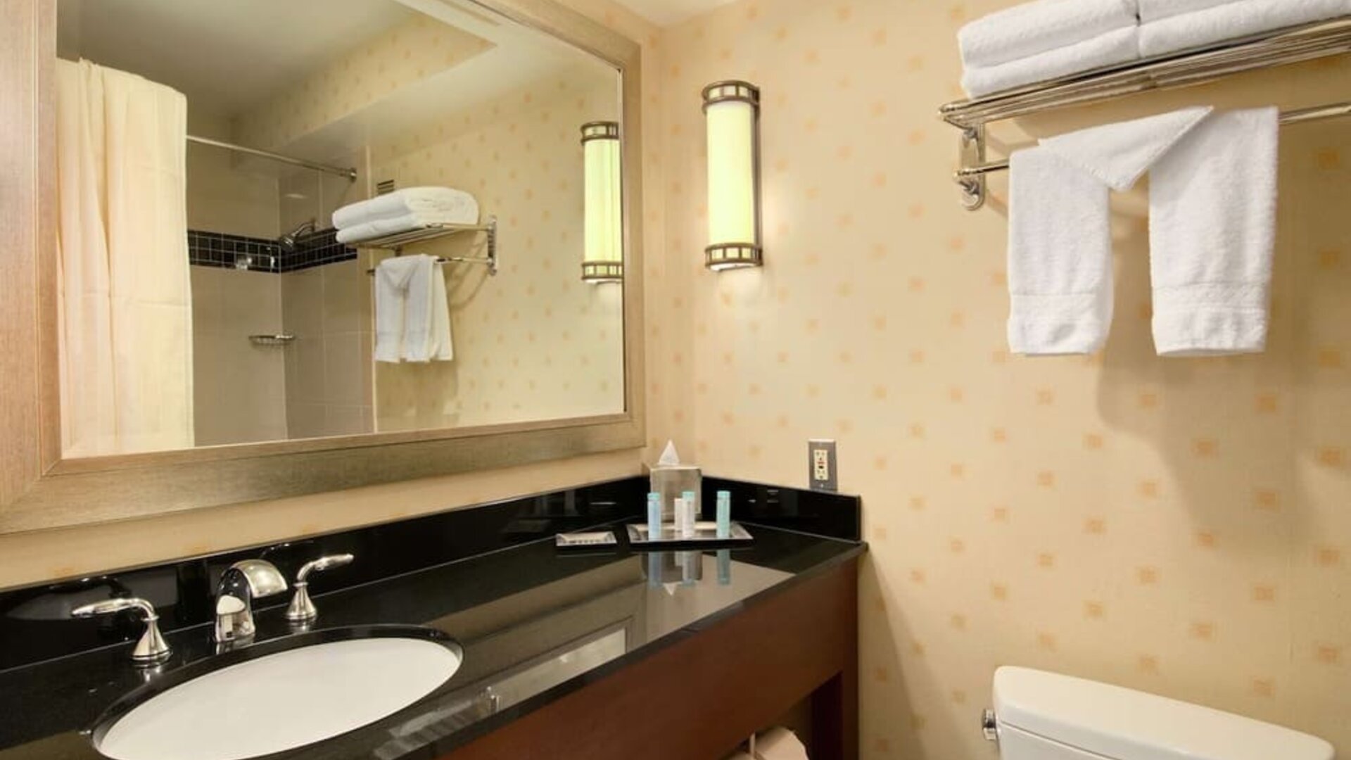 Guest bathroom with shower at Hilton Chicago O'Hare Airport.