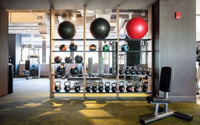 Fully equipped fitness center at Hilton Chicago O'Hare Airport.