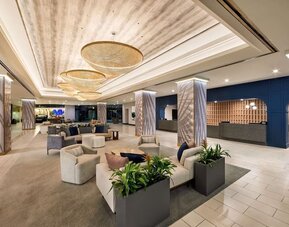Lobby and coworking lounge at Hotel Fera Anaheim, A DoubleTree By Hilton.