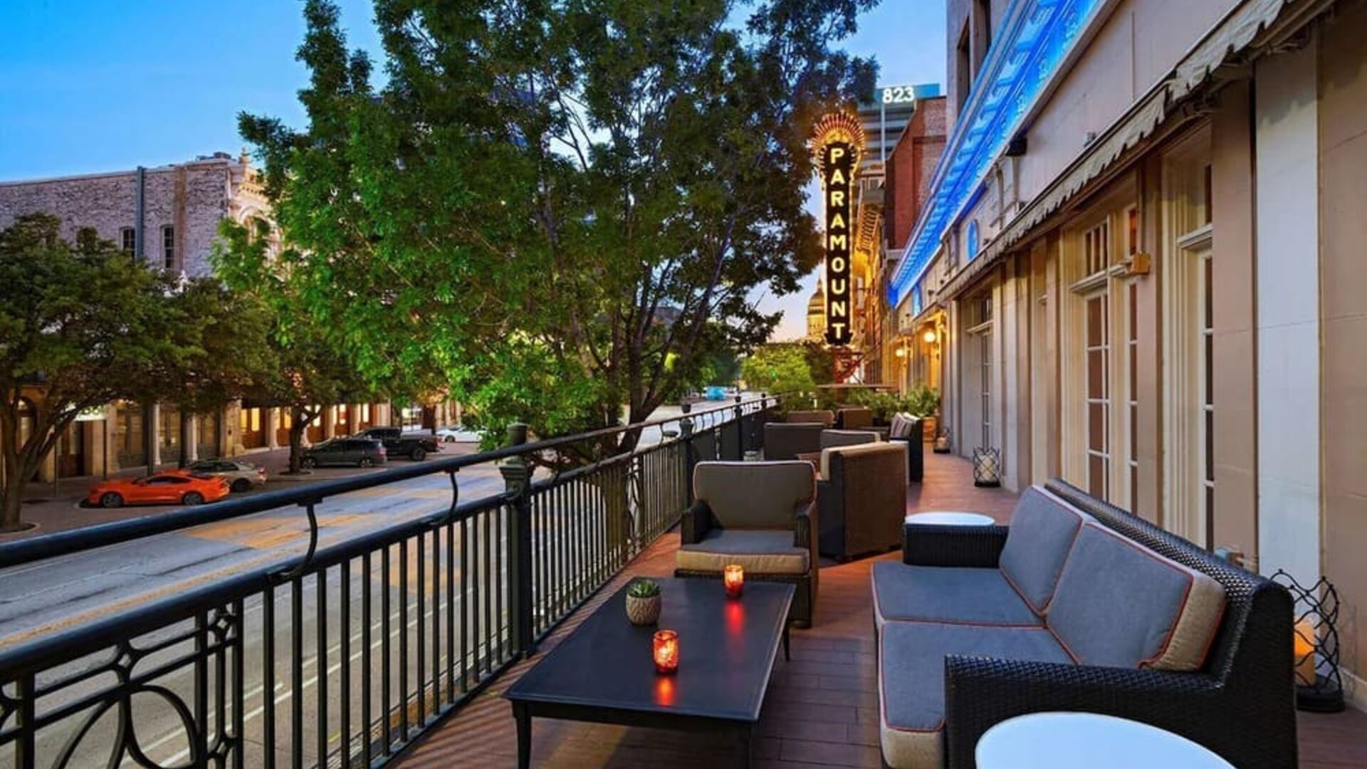 Hotel terrace with lounge seating at The Stephen F Austin Royal Sonesta Hotel