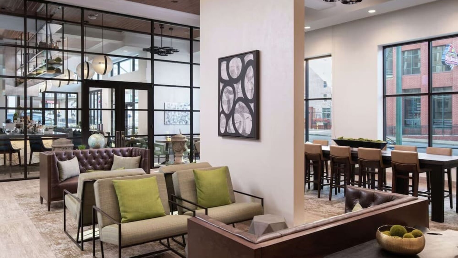 Lobby and coworking lounge at Hilton Garden Inn Memphis Downtown.