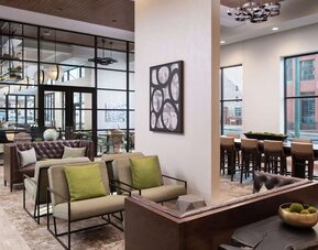 Lobby and coworking lounge at Hilton Garden Inn Memphis Downtown.