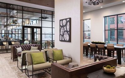 Lobby and coworking lounge at Hilton Garden Inn Memphis Downtown.
