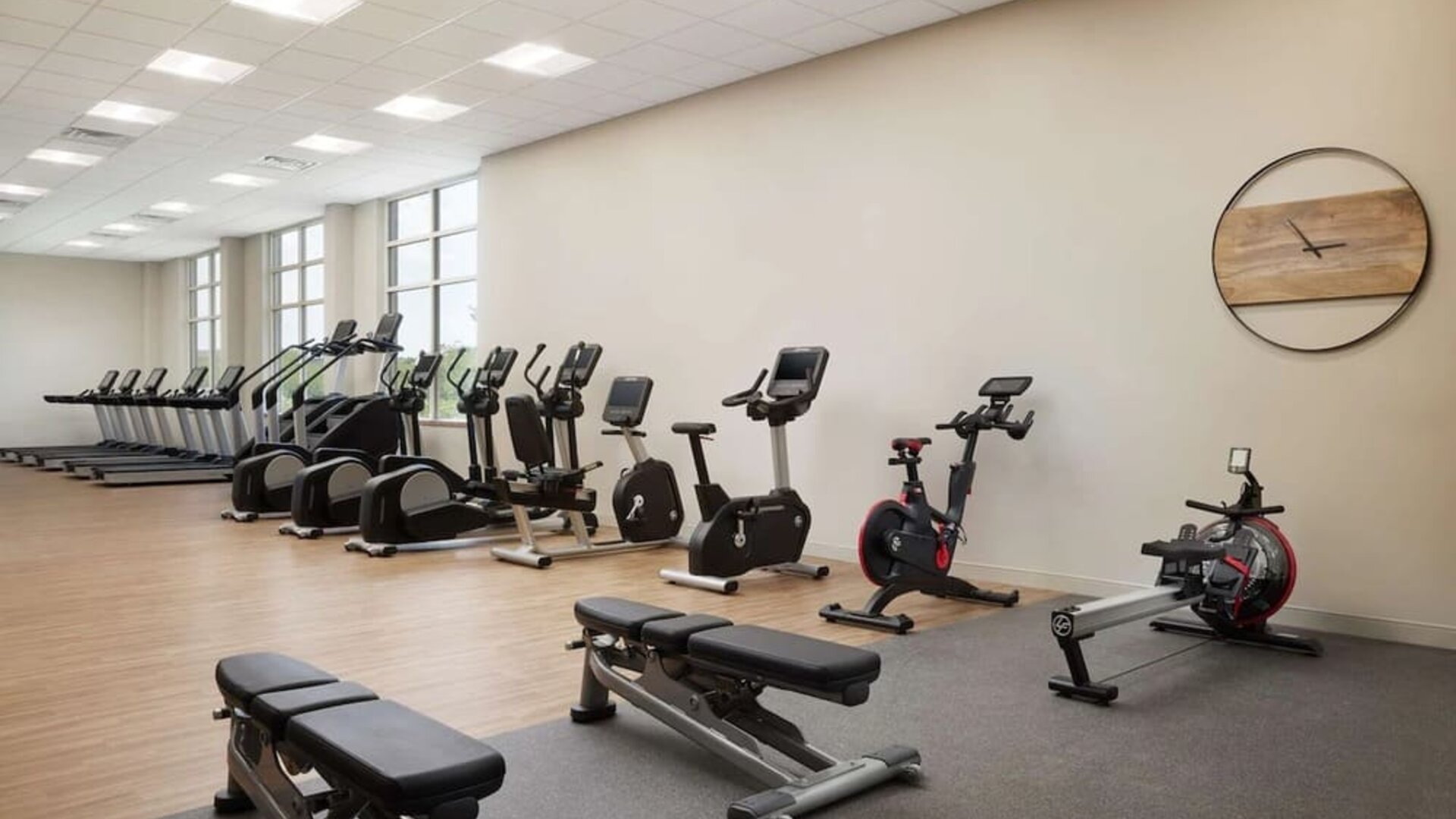 Fully-equipped fitness center at Hilton Charlotte Airport.
