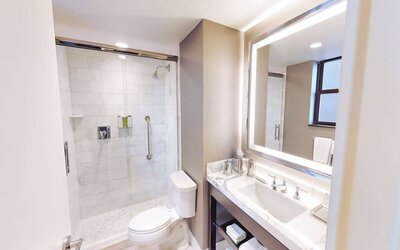 Guest bathroom with shower at Hilton Chicago.