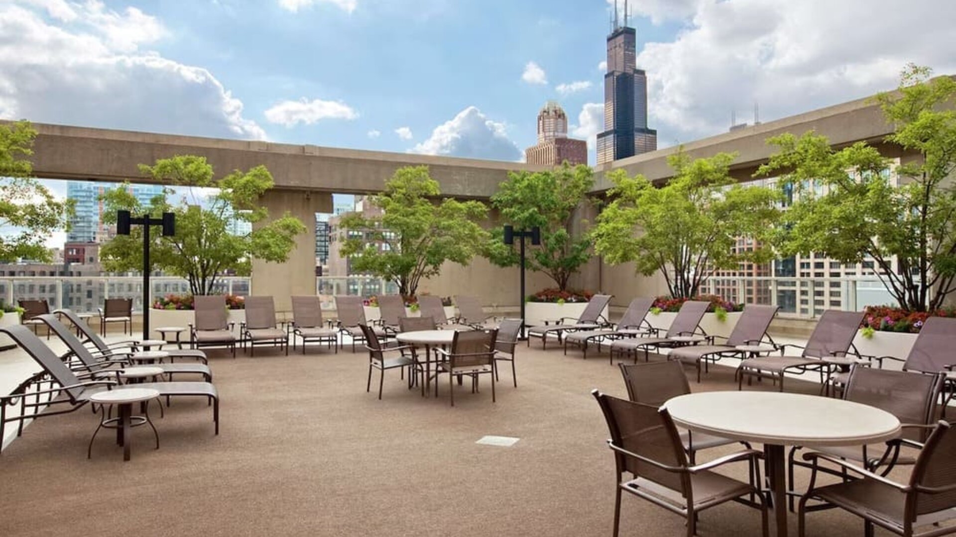 Sun beds perfect for coworking at Hilton Chicago.