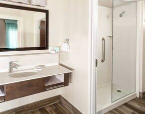 Guest bathroom with shower at Hampton Inn & Suites By Hilton Atlanta Perimeter Dunwoody.