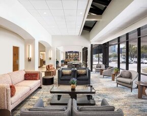 Lobby and coworking lounge at Doubletree By Hilton Houston Medical Center Hotel & Suites.