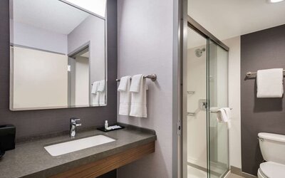 Private guest bathroom with shower and free toiletries at Sonesta Select San Jose Airport.