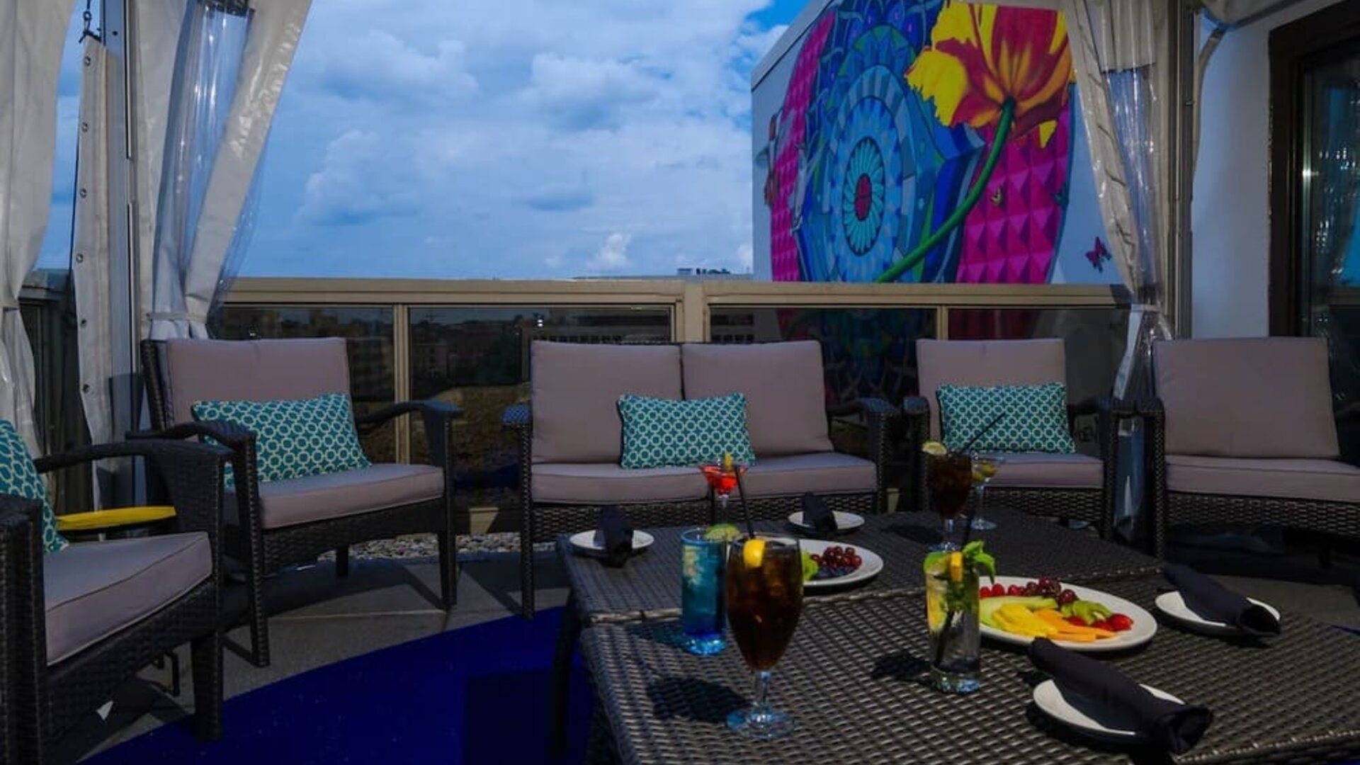 Furniture in rooftop perfect for coworking at Beacon Hotel.