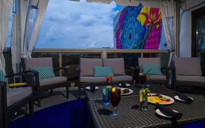 Furniture in rooftop perfect for coworking at Beacon Hotel.