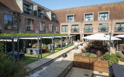 Hotel terrace and garden at Hilton London Syon Park.