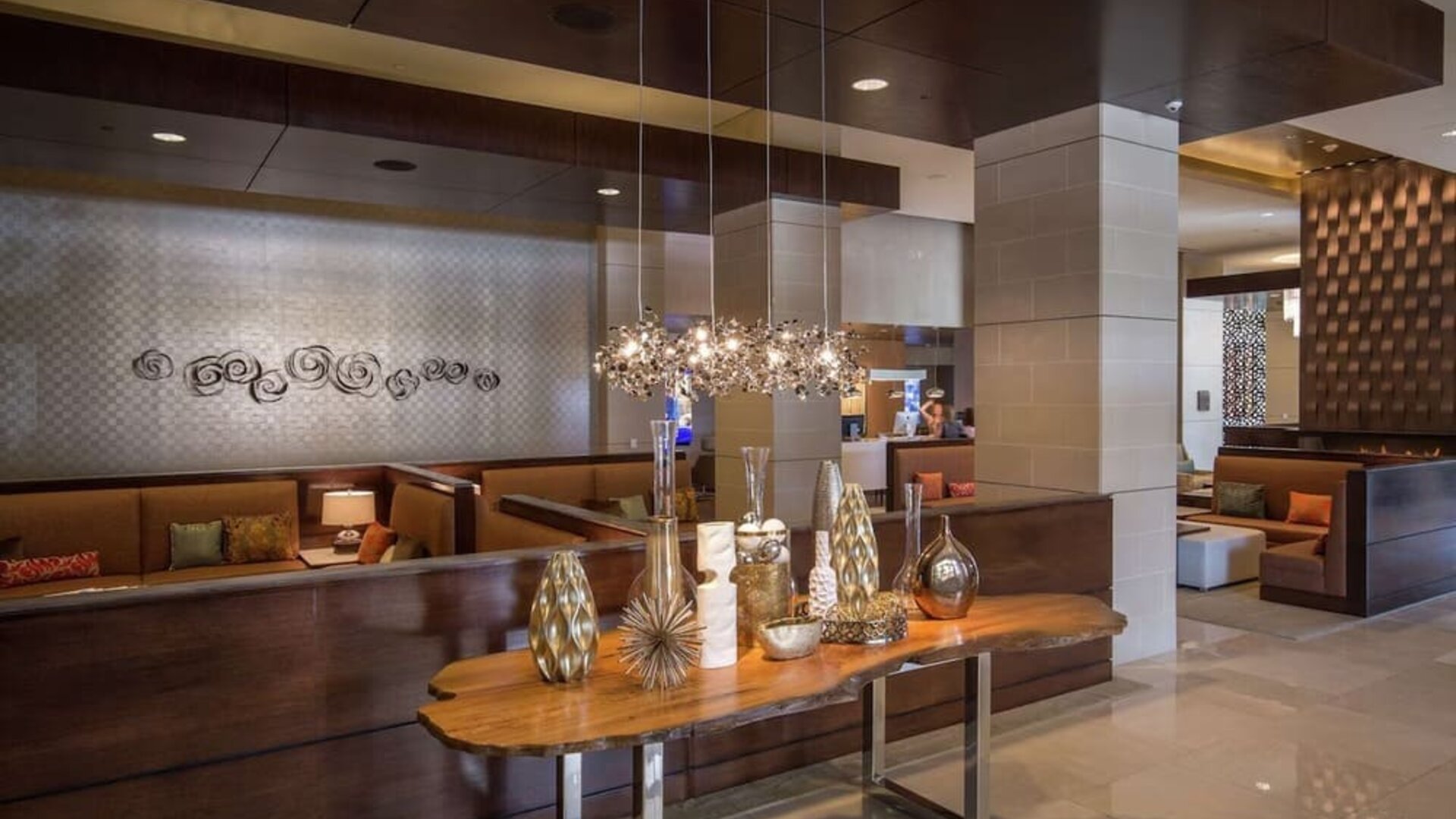 Lobby and coworking lounge at Hilton Dallas/ Plano Granite Park.