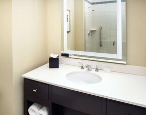 Guest bathroom with shower at Embassy Suites By Hilton St. Louis Downtown.
