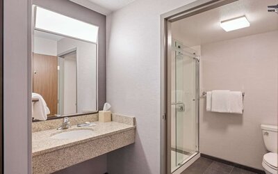 Guest bathroom with shower at Sonesta Select Phoenix Chandler.