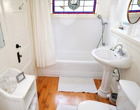 Guest bathroom with shower and tub at Arroyo Vista Inn.